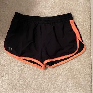Under Amour Womens running shorts, black with orange. Size Small